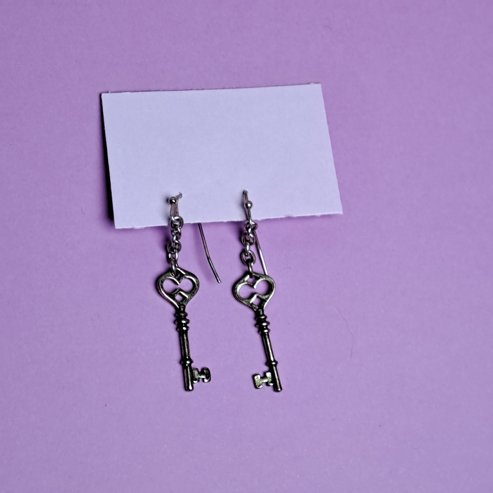 Gothic Silver Key Dangle Earrings